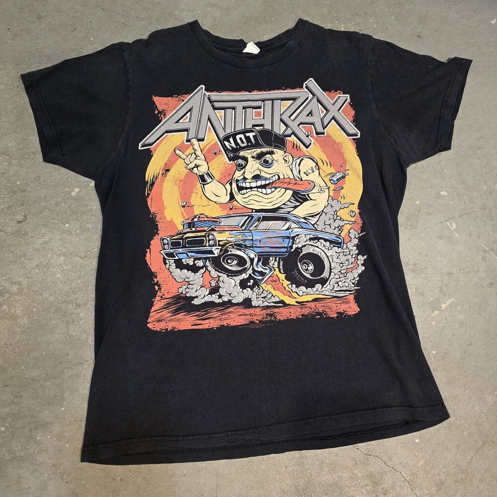 Vtg Anthrax Graphic Print Black Cotton Tee Shirt Mens L Bay Island Sportswear